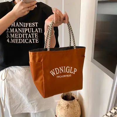 Cross-Border Solid Color Women's Tote Bag with Letter Print, Versatile Shopping Bag, Large Capacity Shoulder Handbag