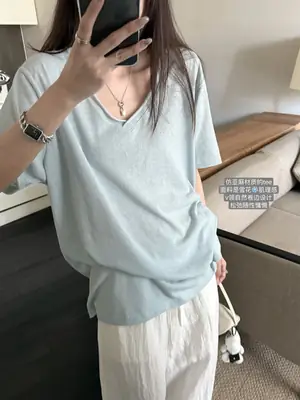 Superniniyy Mint & Relaxed Snowflake Texture Rolled-Edge V-Neck Short-Sleeve Loose Lazy T-Shirt # 3500J