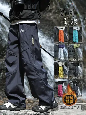 Autumn and Winter Fleece-Lined Waterproof Pants for Men, Trendy Brand Loose Straight-Leg Work Pants, Thick Casual Pants for Men