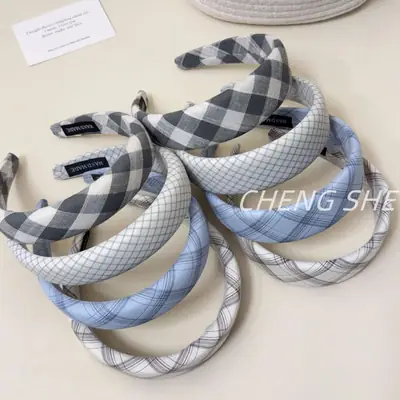 2026 Spring/Summer New Wide-Brimmed Headband Fresh Plaid Hairband for Girls College Style High-Top Headband Hair Accessory