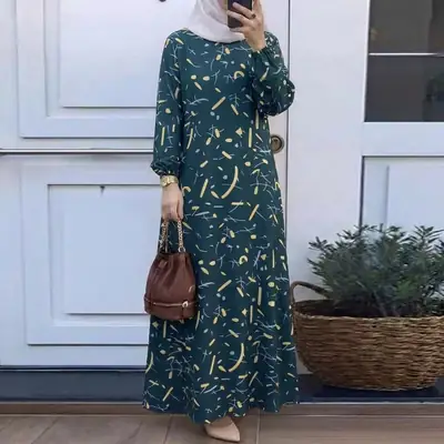 In-Stock Cross-Border New Style Printed Malay Dress with Full Sleeves and Round Neck, Long Gown, Factory Wholesale