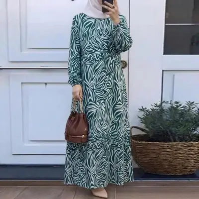 In-Stock Cross-Border New Style Printed Malay Dress with Full Sleeves and Round Neck, Long Gown, Factory Wholesale