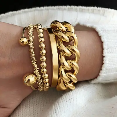 European and American Style Exaggerated Personality Cross-Border Thick Chain Open 5-Piece Metal Bracelet Set