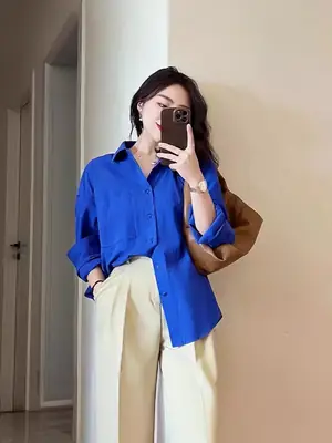 Klein Blue Shirt for Women Spring and Autumn 2024 New Casual Loose Layered Long-Sleeved Shirt Jacket