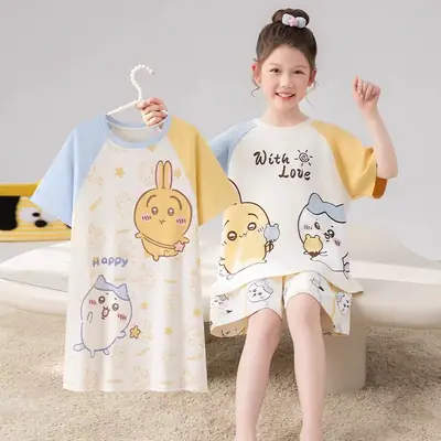 New Style Children's Pajamas Short-Sleeved Three-Piece Set Summer Fashion Cartoon Home Clothes Set for Middle-Aged and Older Girls and Elementary School Students