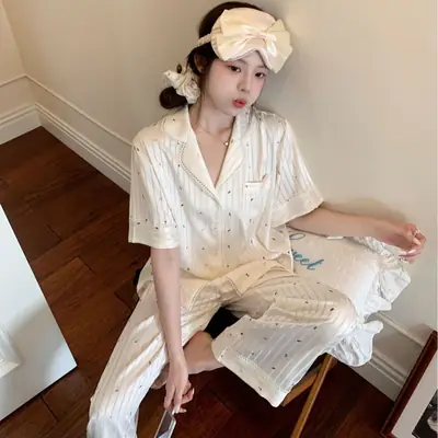 【Fruit Texture】Hollow-Out Striped Faux Acetate High-End Pajamas for Women with Sweet Lace Texture Loungewear