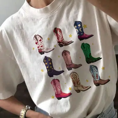 Women's T-Shirt, Denim Vintage Retro Denim Graphic, Vintage Hippie Western Loose Cute Top, Girl's Boots