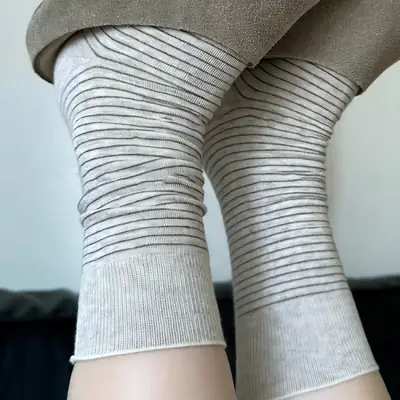 Vintage Striped Socks for Women, Spring and Summer Japanese Style Casual Mid-Calf Maternity Socks, Same Style as on Xiaohongshu, Seamless Cotton Slouch Socks