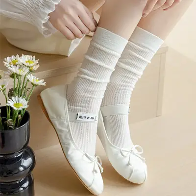 Ballet-Style Slouch Socks for Women, Spring and Summer Thin Mesh, Sweat-Absorbent, Breathable, Solid Color Mid-Calf Socks, Versatile Ins Socks