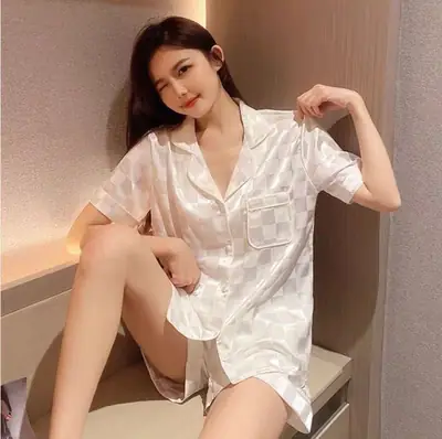 Ice Silk Pajamas for Women, Summer Short-Sleeved, Thin Silk, Sexy and Cute, Student Plus Size Home Clothes, Two-Piece Set, Summer