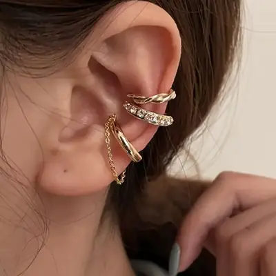 European and American Cross-Border Best-Selling Minimalist Line Design Diamond-Encrusted Double C Ear Cuff, Personalized Double-Layer U-Shaped Non-Pierced Ear Clip Earrings