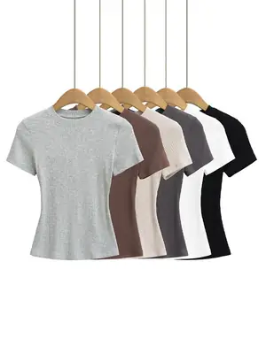 American-Style Slim-Fit Base Shirt for Women, New Summer Tight-Fitting T-Shirt, Short-Sleeve Round Neck, Slimming Solid Color Top, Trendy Ins Style