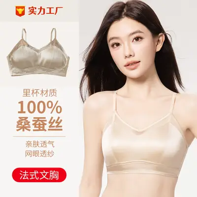 Mesh Silk Bra, Triangle Cup, French Style Mulberry Silk Bra, Lightweight Three-Row Buckle, Beautiful Back, No Steel Ring Underwear for Women
