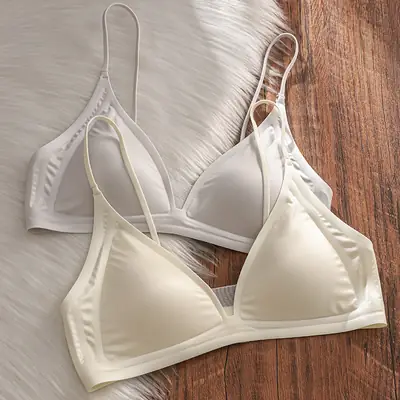 Thin Milk Satin French Deep V-Neck Lingerie for Women with Thin Straps, Seamless Triangle Cup, Wireless Bra for Small Busts, Summer