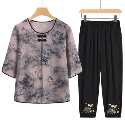 Mom's New Summer Outfit Set, New Chinese Style National Style Satin Thin Two-Piece Casual Shirt for Middle-Aged and Elderly Women