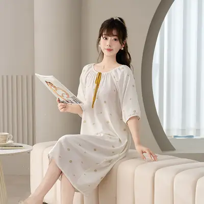 Cloud Cotton Pajamas for Women, New Summer Style Nightgown, Mid-Length Short-Sleeved Nightgown, Large Size, Can Be Worn Outside, Women's Home Clothes