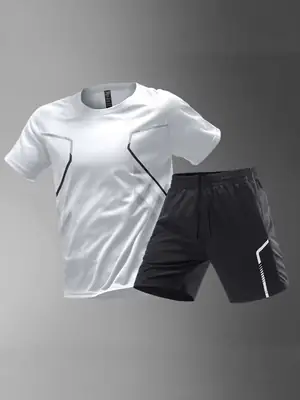 Sports Suit Men's Ice Silk Quick-Drying Clothing Fitness T-Shirt Running Short-Sleeved Shorts Training Clothes Foreign Trade Cross-Border Wholesale