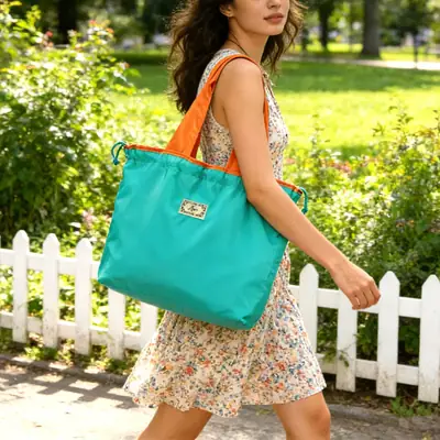 Large Drawstring Tote Bag Turquoise Orange Eco-Friendly