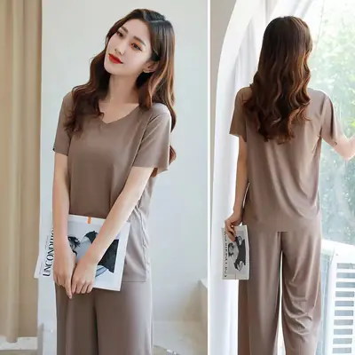 Plus-Size Summer Ice Silk Pajamas Two-Piece Short-Sleeve Set for Women, New Style Loungewear, Casual Loose Wide-Leg Pants Sleepwear