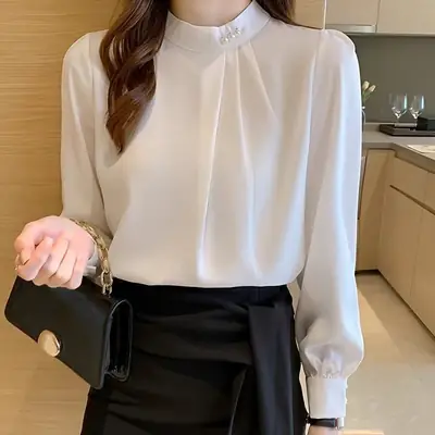 White Fashionable Women's Shirt, Autumn 2026 New Style, Professional Chiffon Blouse, Stylish Loose Fit, Slimming Long-Sleeve Top