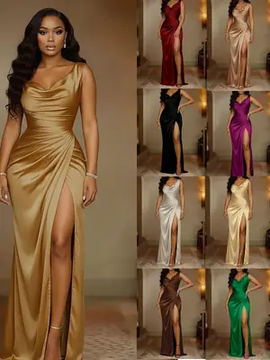 Summer New Amazon Cross-Border Foreign Trade Banquet Dress Sleeveless Hem Slit Solid Color Slim Fit Dress for Women