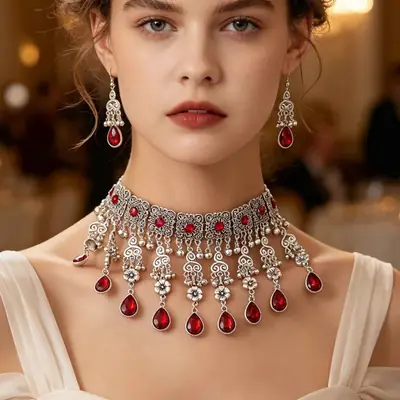 Factory Direct Sales Cross-Border New Multi-Layered Indian Style Tassel Necklace and Earrings Jewelry Set with Exotic Style Crystal Inlays