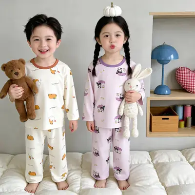 Summer Children's Lyocell Air-Conditioning Clothing Set, Thin and Cool Tencel Nine-Quarter Sleeve Loungewear, Boys' and Girls' Pajamas
