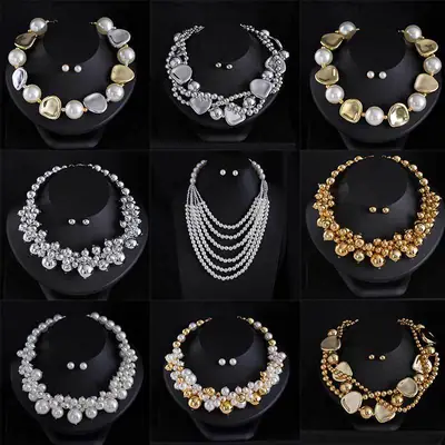 Cross-Border Exclusive Supply of Irregular Geometric Beaded Necklace and Earring Set, French Retro European and American Exquisite Pearl Clavicle Chain
