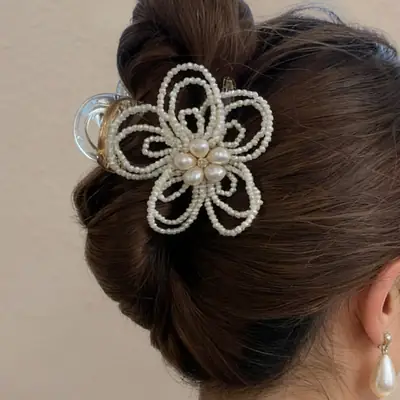 Pearl Flower Hair Clip for Women, White Pearl & Silver Design