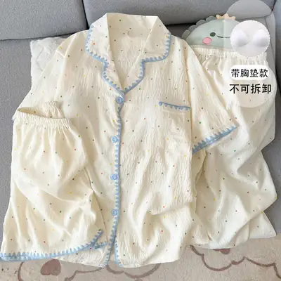 Large Size Pajamas with Breast Pads for Women, Spring and Summer, Lace, Fresh and Colorful, Small Polka Dots, Short-Sleeved Three-Piece Set, Ready for Cross-Border Shipping