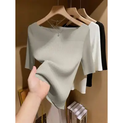 French-Style Light-Colored Off-The-Shoulder Slim-Fit Knit Top for Women, Spring and Summer, Half-Sleeve, Gentle Style, Base Shirt