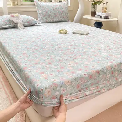 Class a Kapok Crinkled Gauze Double-Layer Gauze Fitted Sheet Mattress Protector Anti-Dirt Anti-Slip Protective Cover Single Piece Bed Cover Fitted Sheet Three-Piece Set