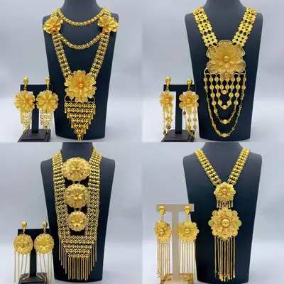 Middle Eastern Arabic Cross-Border 24K Gold-Plated Hollow Flower Earrings and Necklace Set Dubai Bride Wedding Jewelry