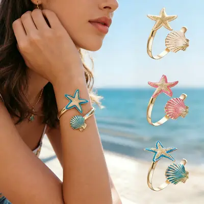 European and American Cross-Border Popular Starfish Shell Bracelet for Women, Summer Beach Vacation Style Open Arm Ring, Fashionable and Unique Accessory