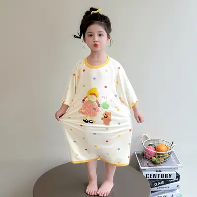 Girls' Modal Pajamas, Summer Thin Style, Short-Sleeved Sleep Dress for Baby Girls, One-Piece Home Wear, Cute New Sleep Dress