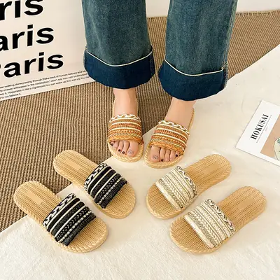 Summer New Style Imitation Straw Flat Sandals, Bohemian Style Lightweight Beach Sandals, Ready-Made Women's Slippers