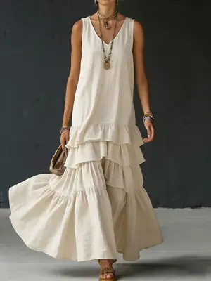 2026 Spring New Collection Amazon Independent Site Cross-Border Solid Color Women's Loose Large Hem Sleeveless Dress