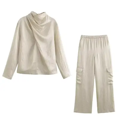 Cross-Border Women's Clothing 2026 Summer New Style Silk Texture Shirt 8935192 + Silk Satin Work Pants 8777192