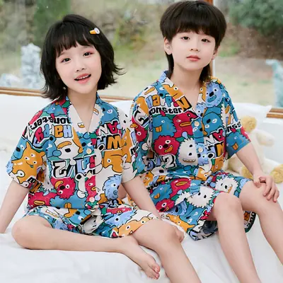 Summer Thin Cotton Silk Pajamas for Children, Short-Sleeved Shorts, Home Clothes Set, Baby Boys and Girls, Kids' Air-Conditioned Clothing
