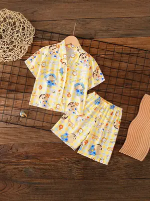 Summer Children's Short-Sleeve Shorts Pajamas Cotton Silk Boys' and Girls' Set Cotton Silk Baby Air-Conditioned Home Wear Thin Style