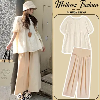 Maternity Suit Summer 2026 New Korean Style Fashion Loose Apricot Color Round Neck Short-Sleeved Top and Pants Two-Piece Set for Women
