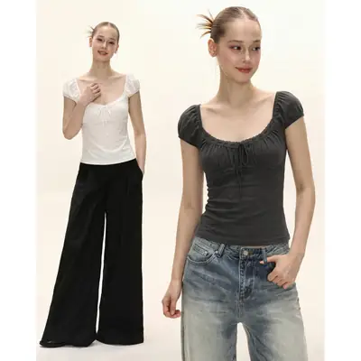 In-Stock 260g Rayon American-Style Square-Neck Short-Sleeve T-Shirt for Women, Summer Slim-Fit Large Neckline with Lace Trim and Tie-Up