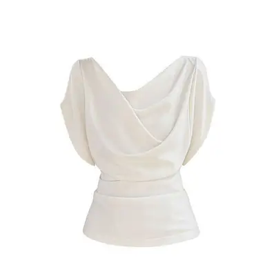 French-Style Elegant Batwing Sleeve Ruched Draped Collar Top for Women, Summer Design, Slimming, Commuting, Regular Shoulder Short-Sleeve T-Shirt