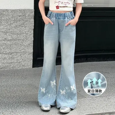 Tencel Girls' Summer Jeans New Thin Style Versatile Flared Pants for Older Children Summer Long Pants Bell-Bottom Pants