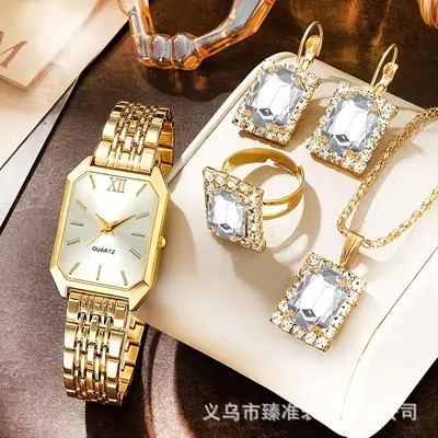Cross-Border Hot-Selling Women's Watch and Jewelry Set, Diamond-Encrusted Quartz Watch, Necklace, Ring, Earrings, 5-Piece Gift Set