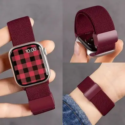 Suitable for Apple S10 Watch Iwatch11 Watch Strap Applewatch8 Burgundy Woven Magnetic S9 Premium Wristband