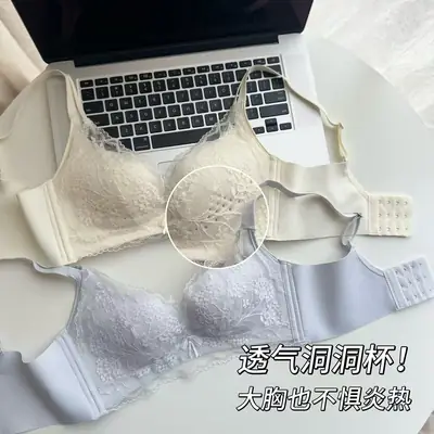 Thin, Wire-Free, Large-Size Bra with Lace Perforated Cups, Comfortable, Breathable, Seamless Underwear That Gathers Side Breasts and Prevents Sagging