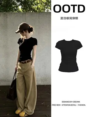 Black Round Neck Short-Sleeved T-Shirt Slim Fit Waist-Cinching Tight-Fitting Right-Shoulder Top for Women 2026 Summer Simple and Versatile Outfit