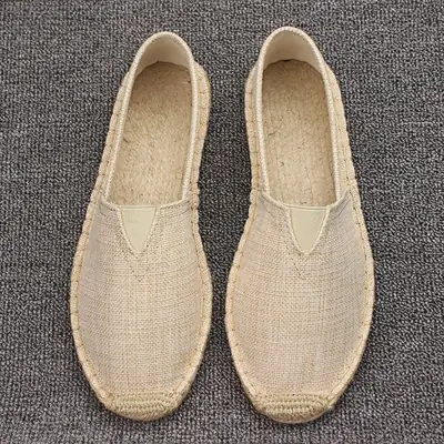 Summer Handmade Linen-Soled Straw Shoes for Men, Slip-On Lazy Fisherman Shoes, Casual Breathable Sweat-Absorbent Single Shoes, Canvas Shoes