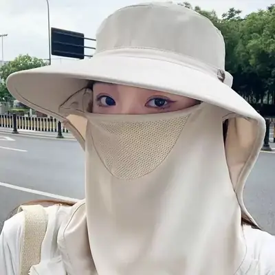 Farm Work Hat with Sun Protection Face Mask, Full-Face with Large Brim, Women's Outdoor Uv Protection Breathable Face Mask, Ice Silk Mask
